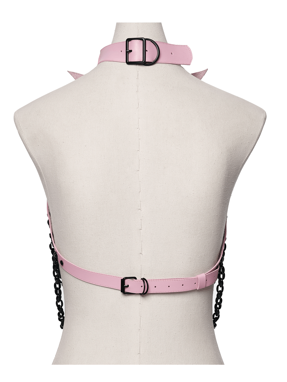 Back view of Gothic Pink Leather Harness with Skull and Chains showcasing straps and chains.