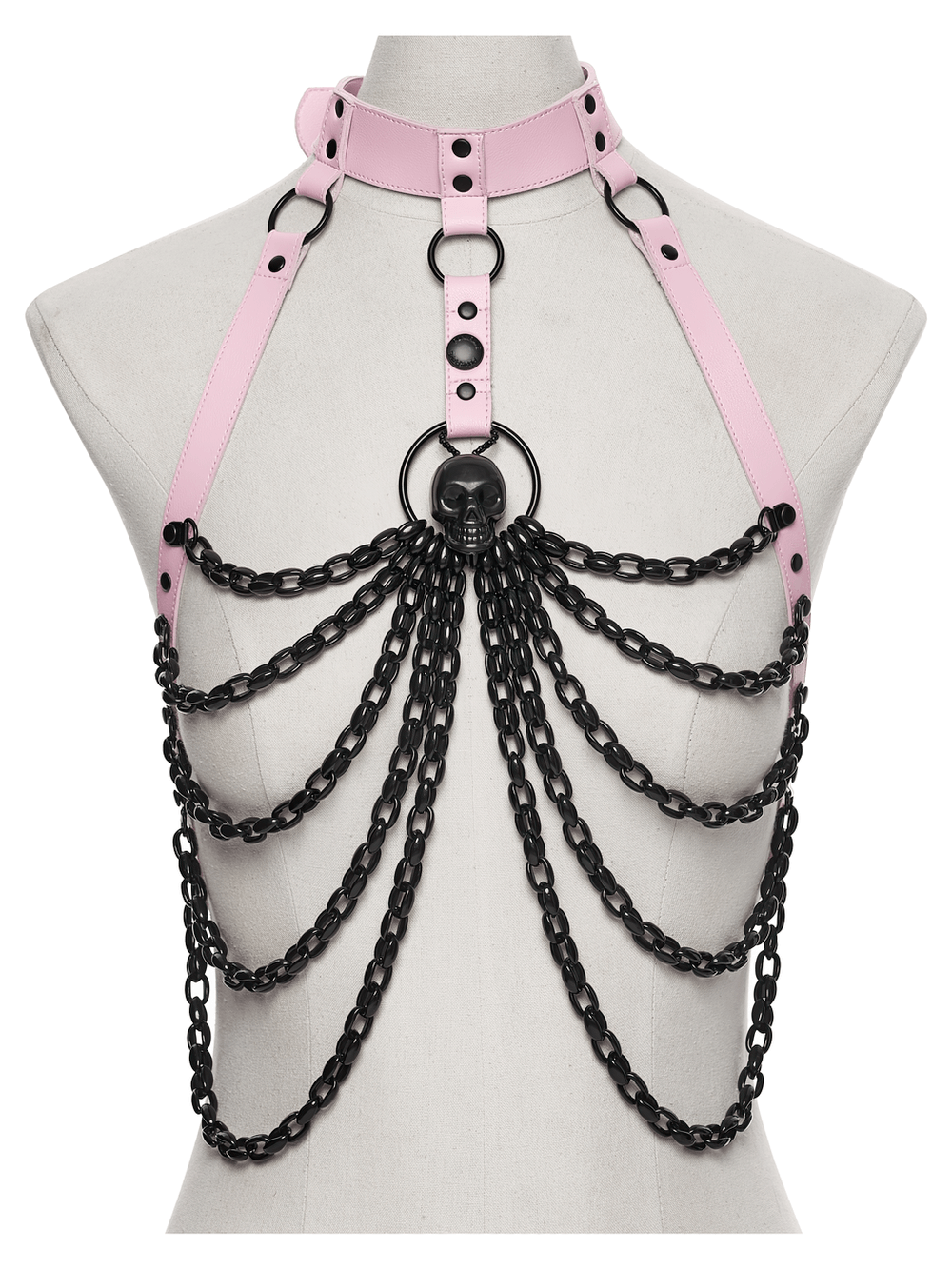 Gothic Pink Leather Harness with Skull and Chains featuring black chains and skull detail.