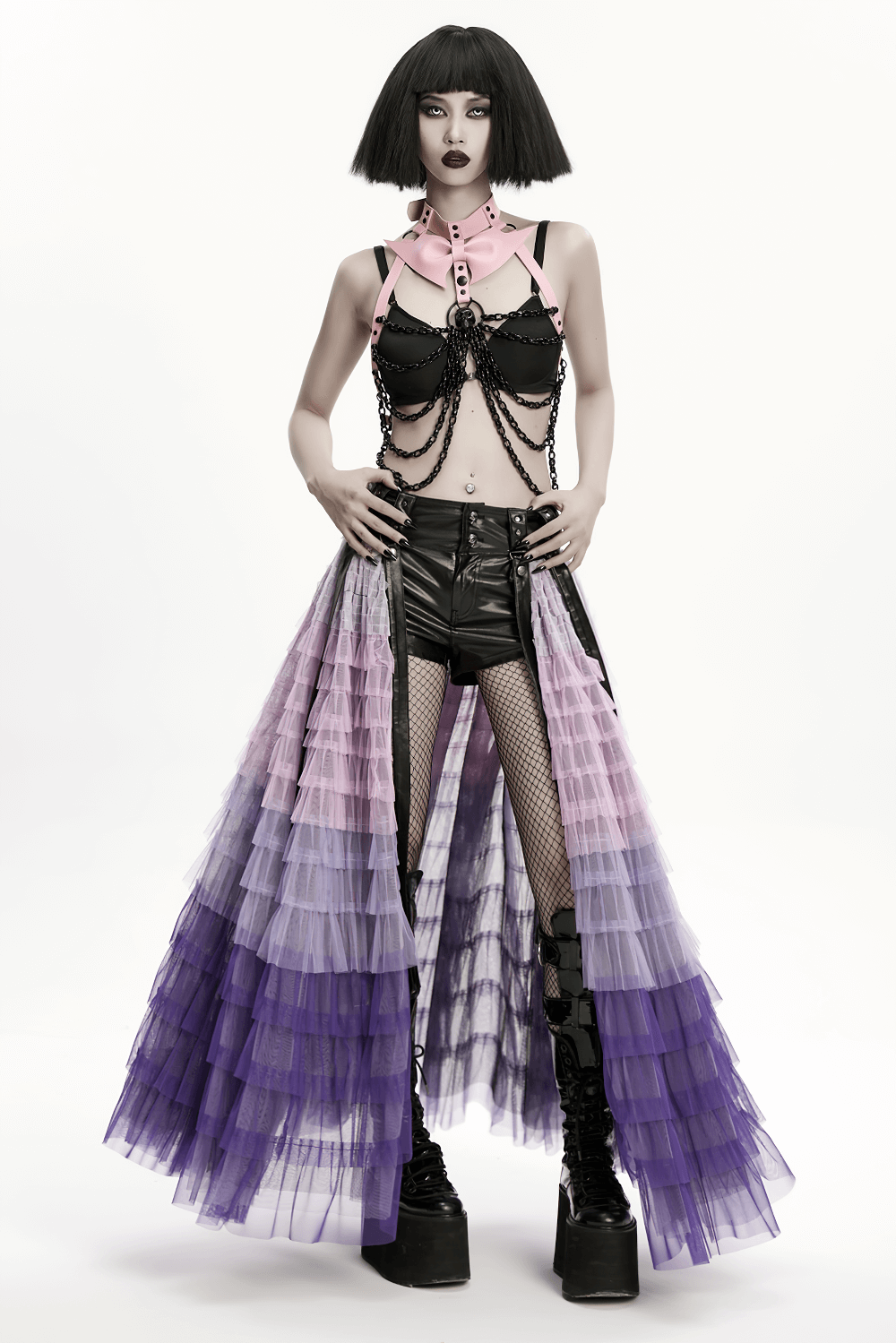 Gothic Pink Leather Harness with Skull and Chains worn by a model showcasing edgy fashion.