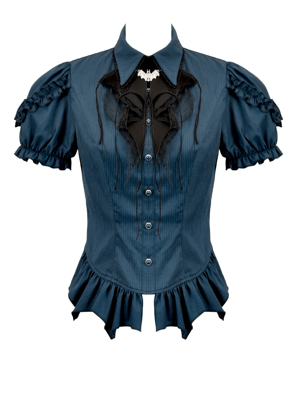 Gothic Pinstripe Puff Sleeved Blouse with Bat Brooch showcasing a ruffle hem and lace jabot collar detail.