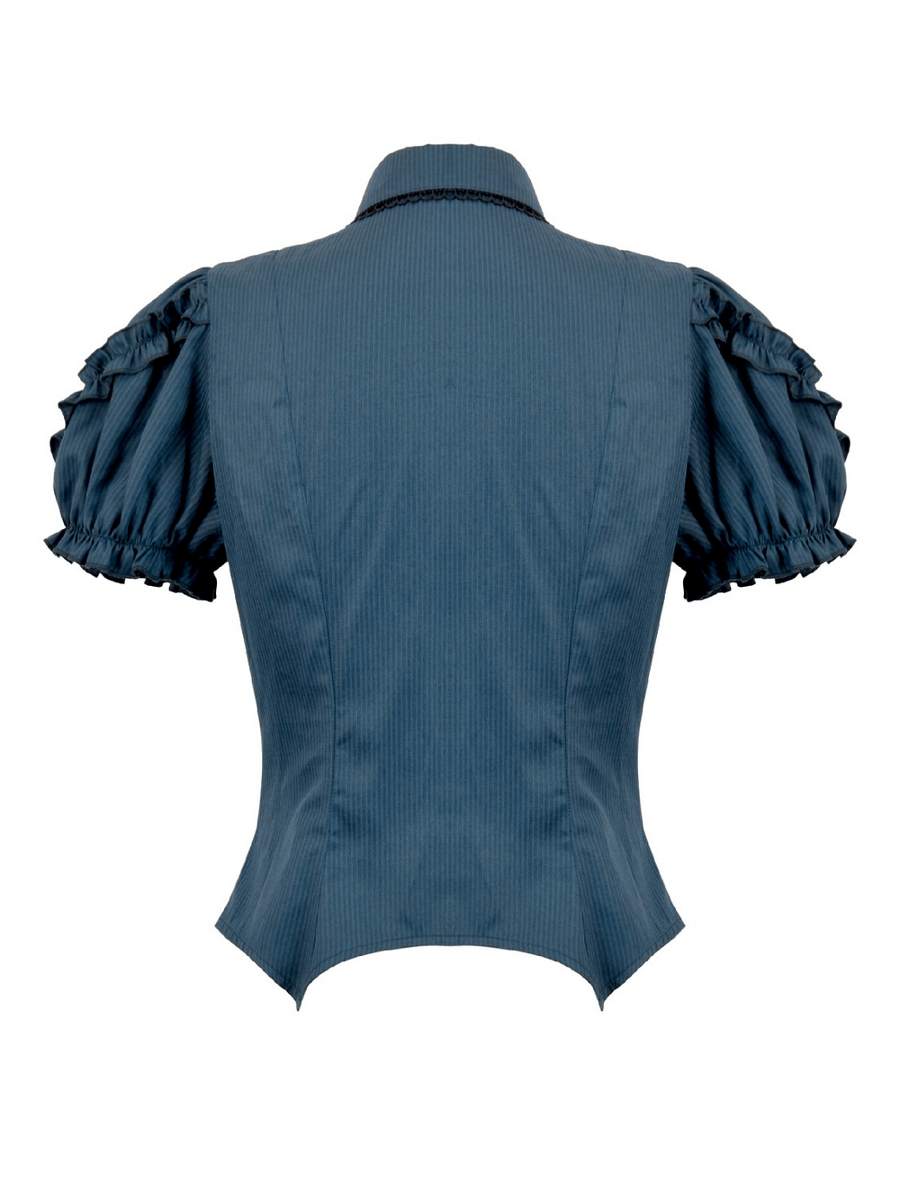 Back view of Gothic Pinstripe Puff Sleeved Blouse with Bat Brooch showcasing dramatic puff sleeves and fitted waist.