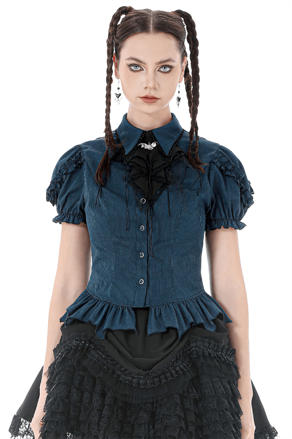 Gothic Pinstripe Puff Sleeved Blouse with Bat Brooch worn by model, featuring ruffle hem and lace details.