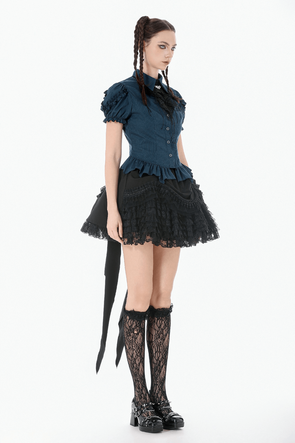 Gothic Pinstripe Puff Sleeved Blouse with Bat Brooch worn with layered skirt and thigh-high lace stockings.