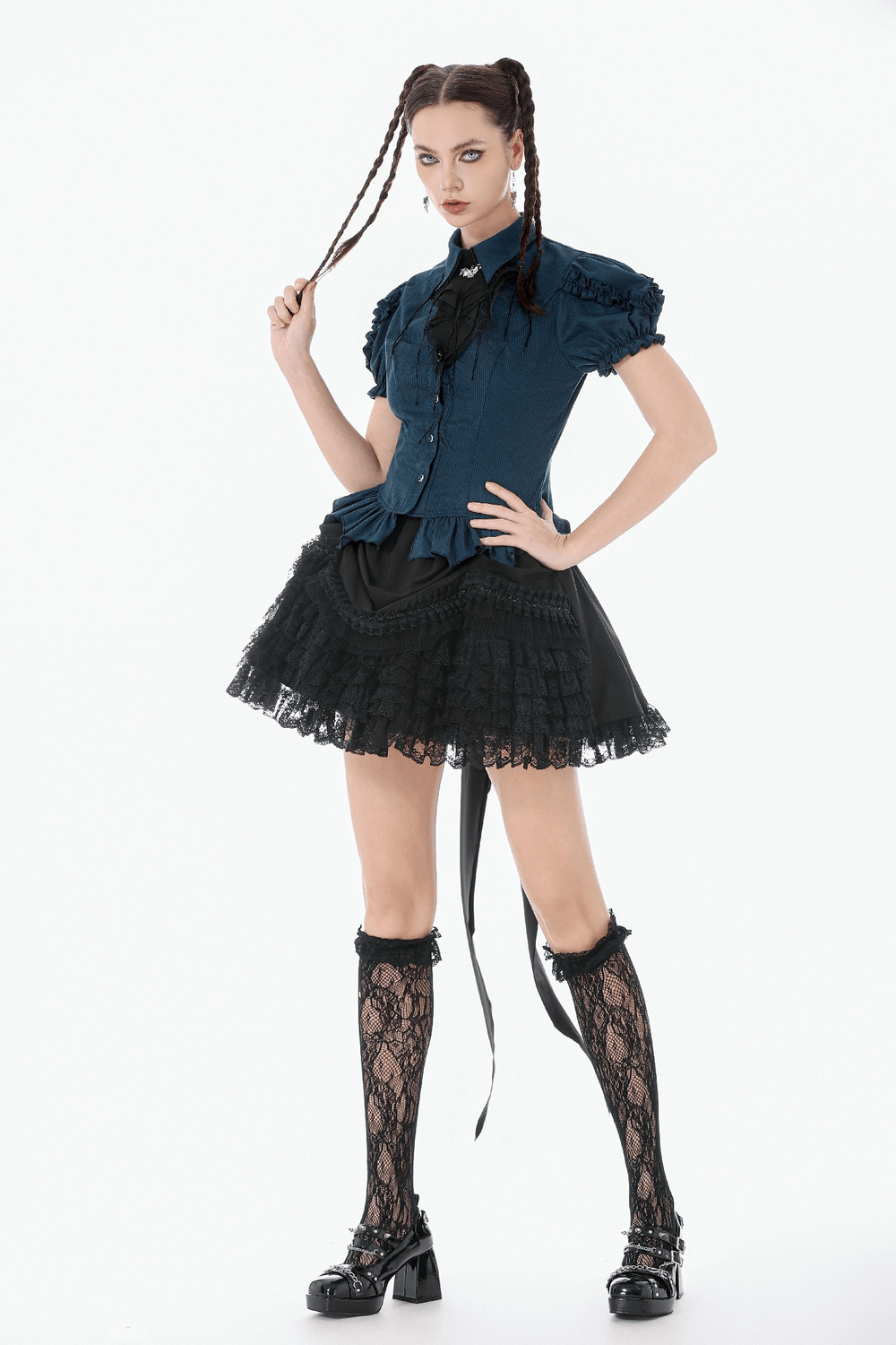Gothic Pinstripe Puff Sleeved Blouse with Bat Brooch styled with lace mini skirt and knee-high socks.