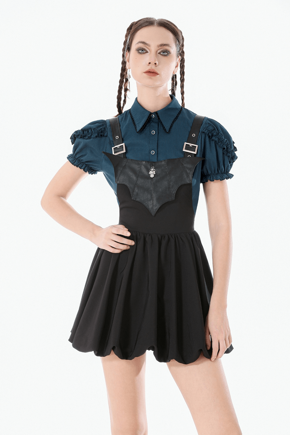 Gothic Pinstripe Puff Sleeved Blouse with Bat Brooch worn over black skirt, featuring dramatic puff sleeves and bat charm.