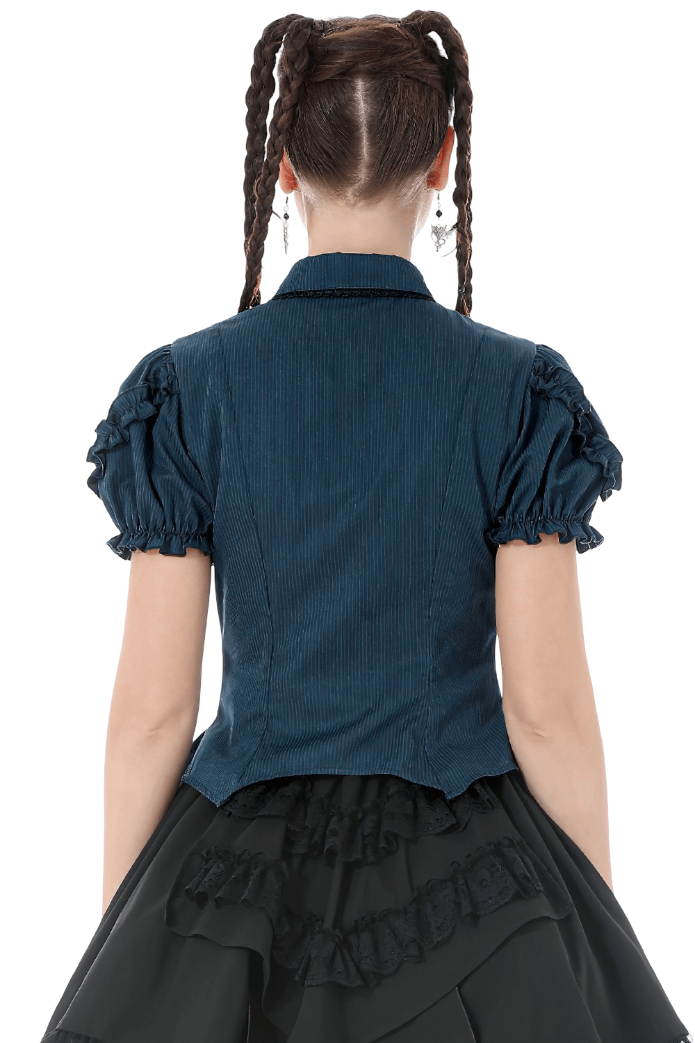 Gothic Pinstripe Puff Sleeved Blouse with Bat Brooch back view showing dramatic puff sleeves and ruffle hem.