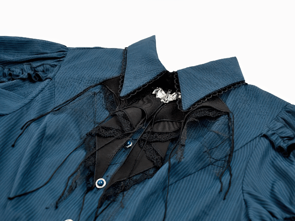 Gothic Pinstripe Puff Sleeved Blouse with Bat Brooch featuring lace jabot collar and silver bat charm detail.