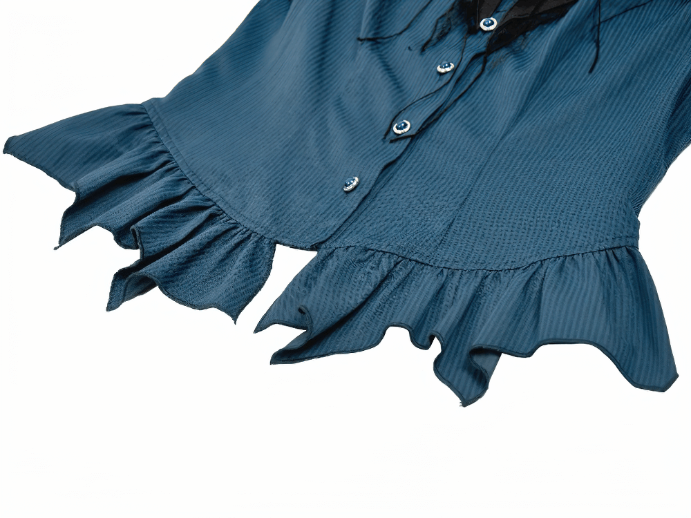 Gothic Pinstripe Puff Sleeved Blouse with Bat Brooch showcased with flowing ruffle hem and button detail.