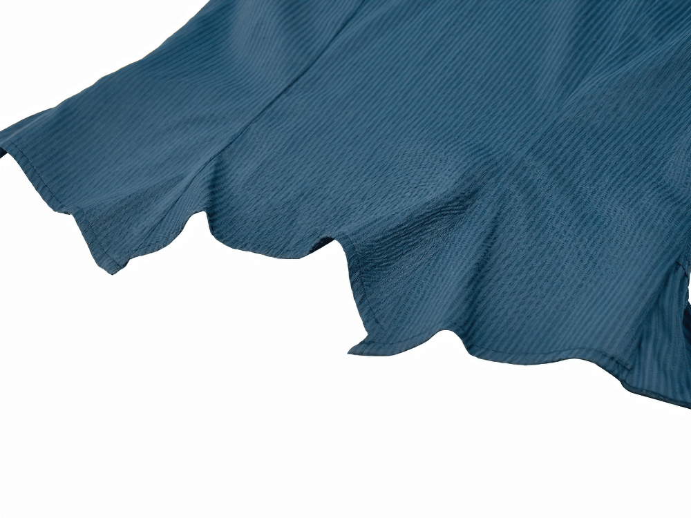 Gothic Pinstripe Puff Sleeved Blouse with Bat Brooch ruffle hem detail in blue fabric.