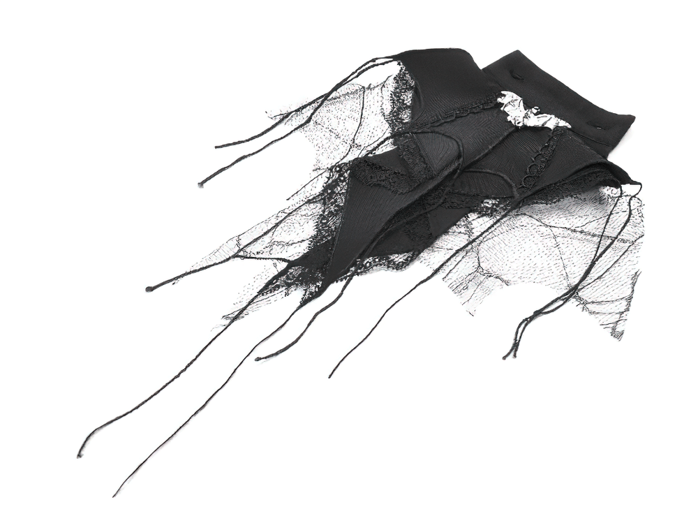 Gothic Pinstripe Puff Sleeved Blouse with Bat Brooch featuring a black lace jabot collar and dramatic lace details.