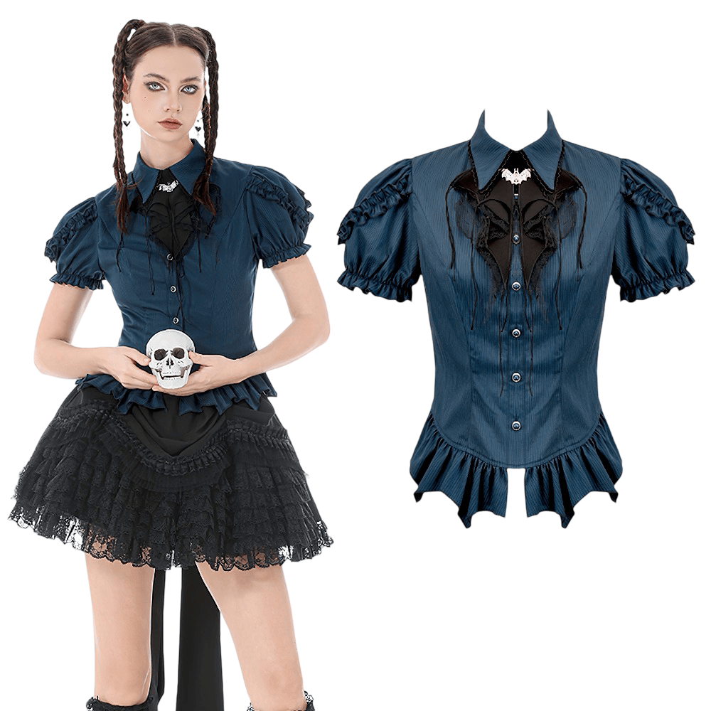 Gothic Pinstripe Puff Sleeved Blouse with Bat Brooch on model, featuring lace jabot and skull accessory.