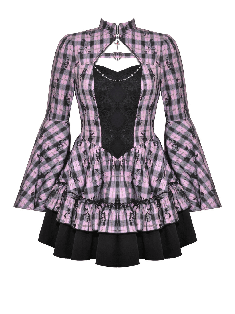 Gothic plaid dress with bell sleeves, black lace details, and a ruffled hem for a punk-inspired look.