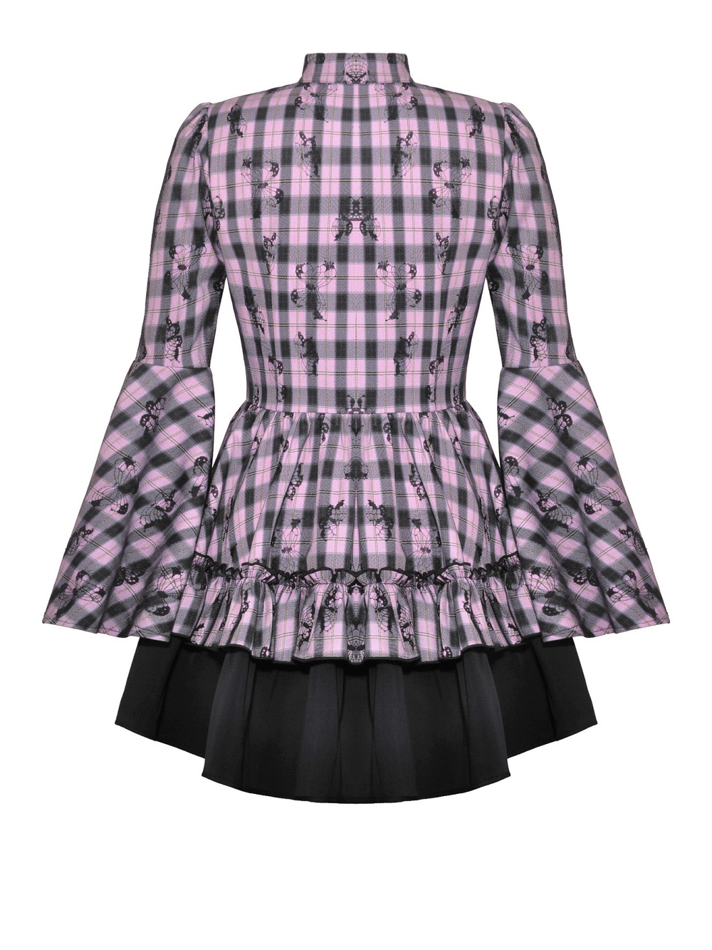 Back view of gothic plaid dress with bell sleeves and black lace details, perfect for a punk-inspired outfit.