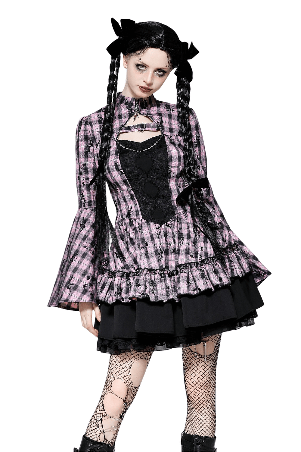 Gothic plaid bell-sleeve dress with black lace, showcasing a dark elegant style and edgy feminine charm.