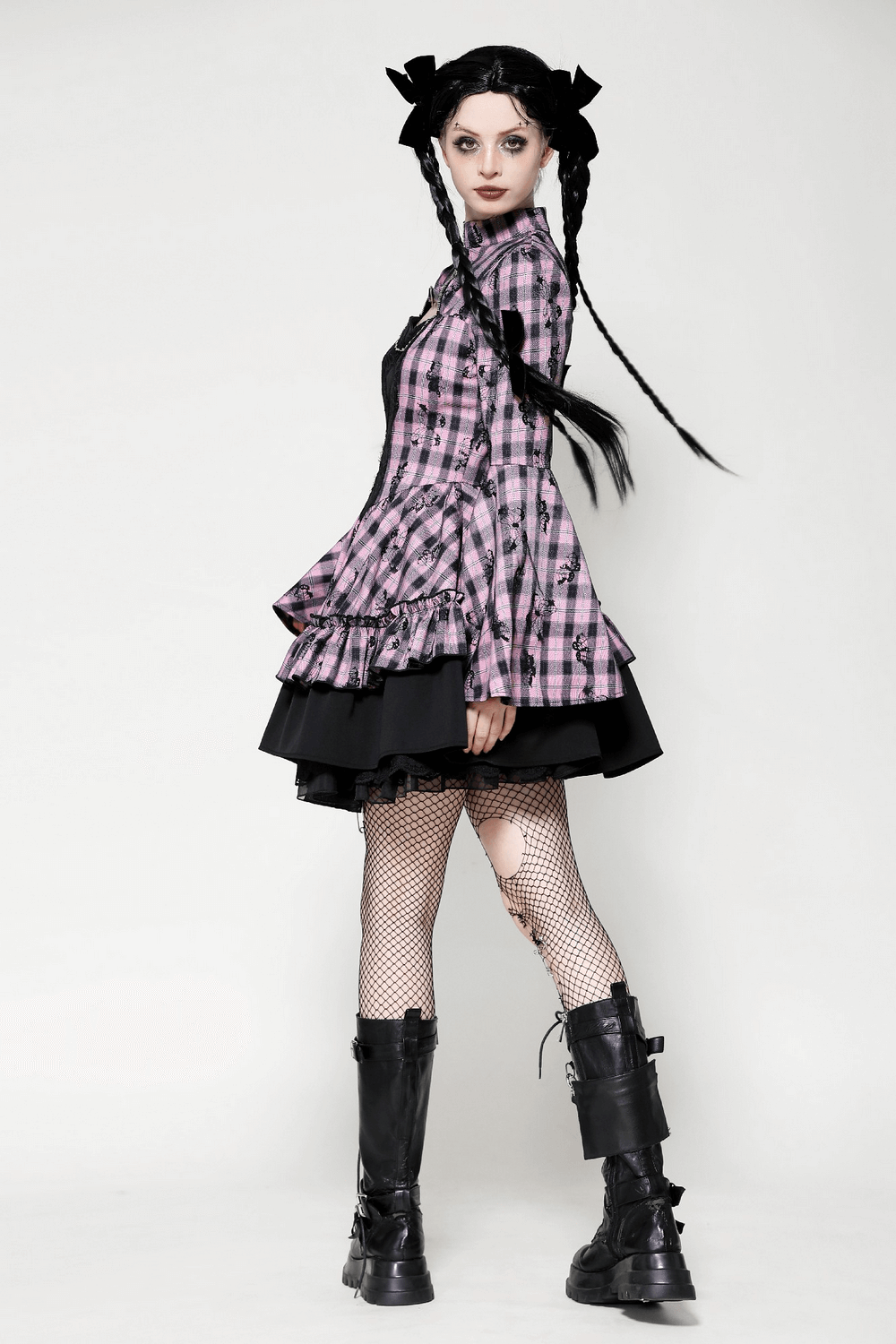 Gothic plaid bell-sleeve dress with lace details, showcasing a punk style and edgy charm.