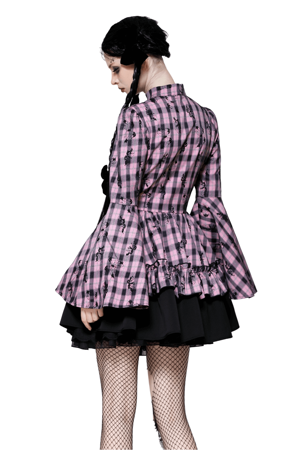 Gothic plaid dress in pink with bell sleeves and lace details, showcasing a stylish and edgy look from the back.