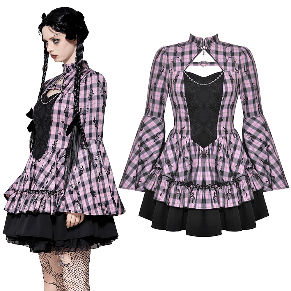 Gothic plaid bell-sleeve dress with black lace details, featuring a flared silhouette and edgy charm.