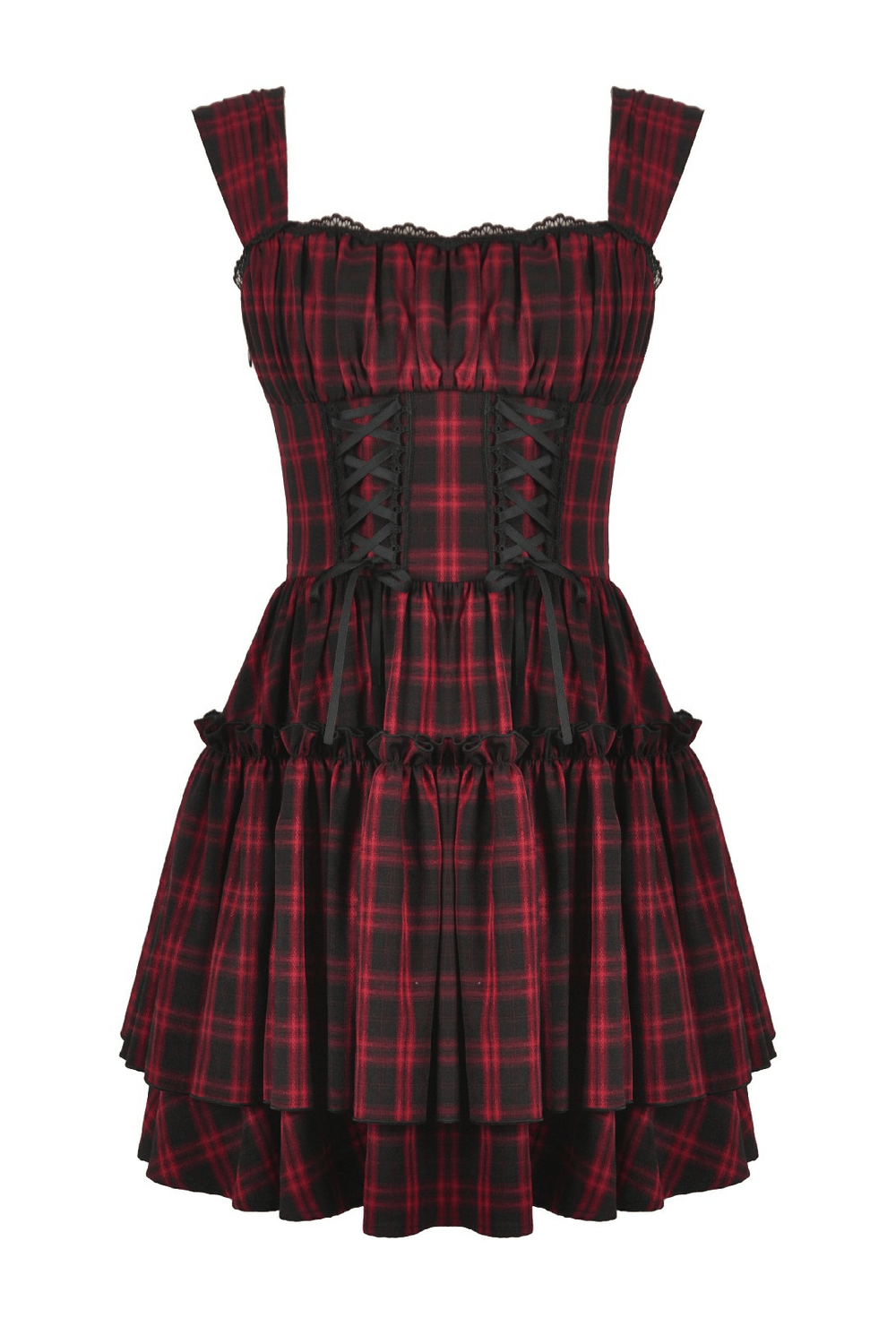 Gothic Plaid Dress with Lace-Up and Ruffled Skirt featuring a fitted bodice and playful ruffles in red and black.