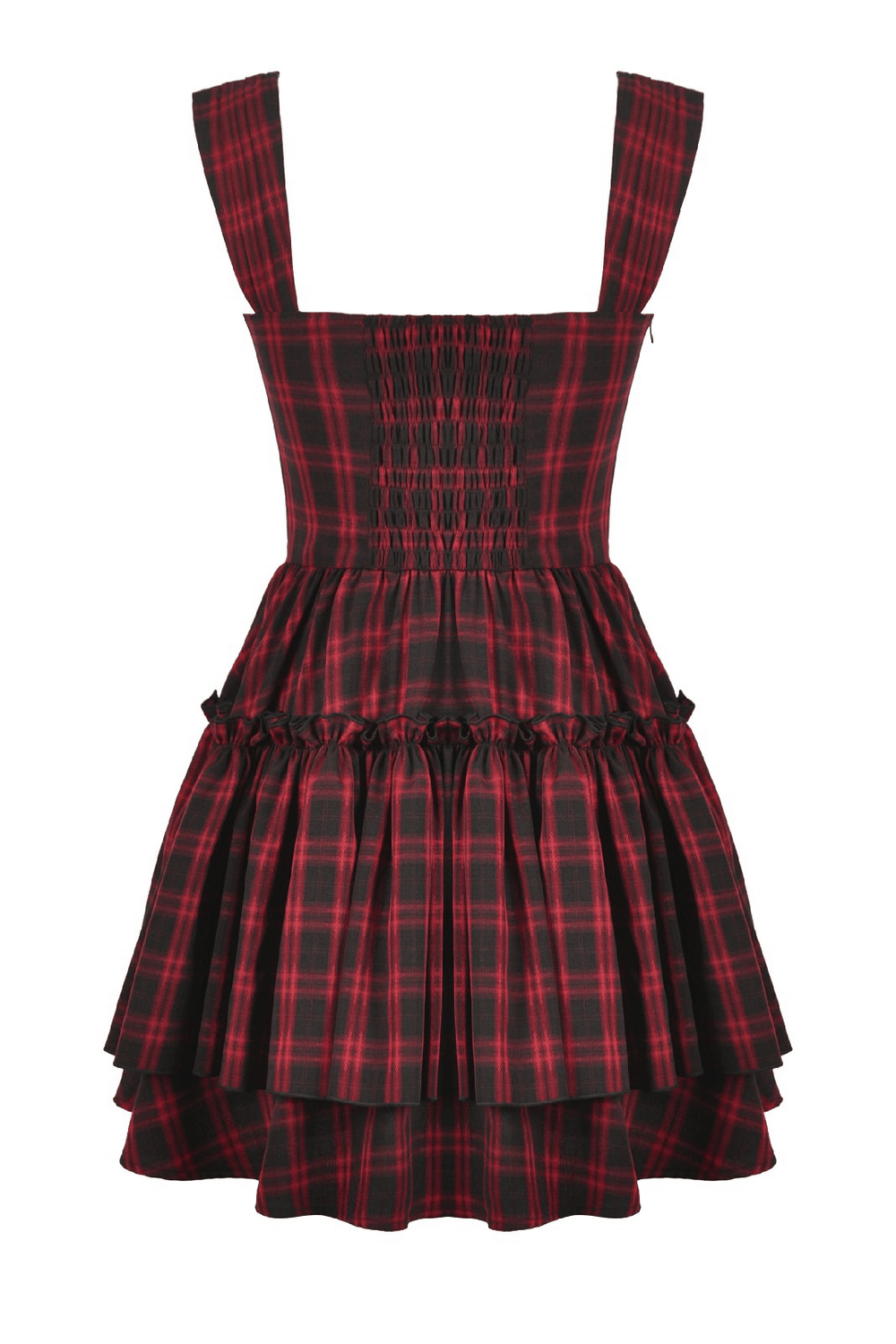 Gothic Plaid Dress with Lace-Up and Ruffled Skirt showcasing the back view of the stylish plaid design.