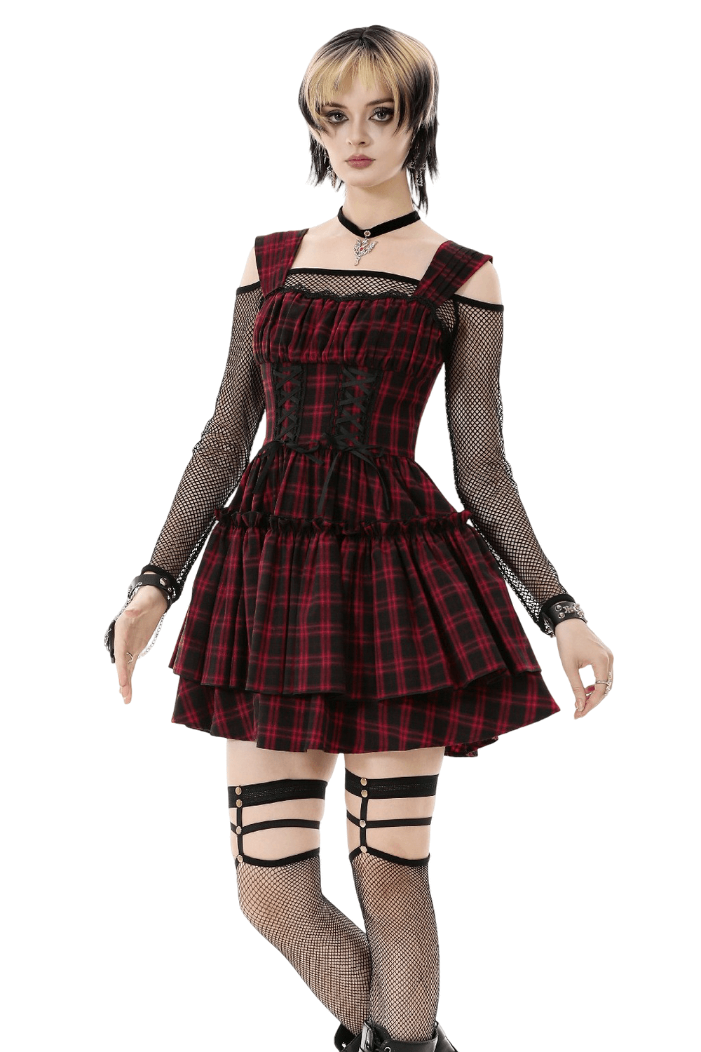 Gothic Plaid Dress with Lace-Up and Ruffled Skirt modeled by a fashion-forward individual in edgy accessories.