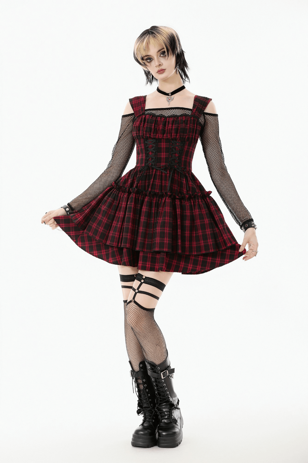 Gothic Plaid Dress with Lace-Up and Ruffled Skirt showcased on model, featuring striking red and black plaid pattern.