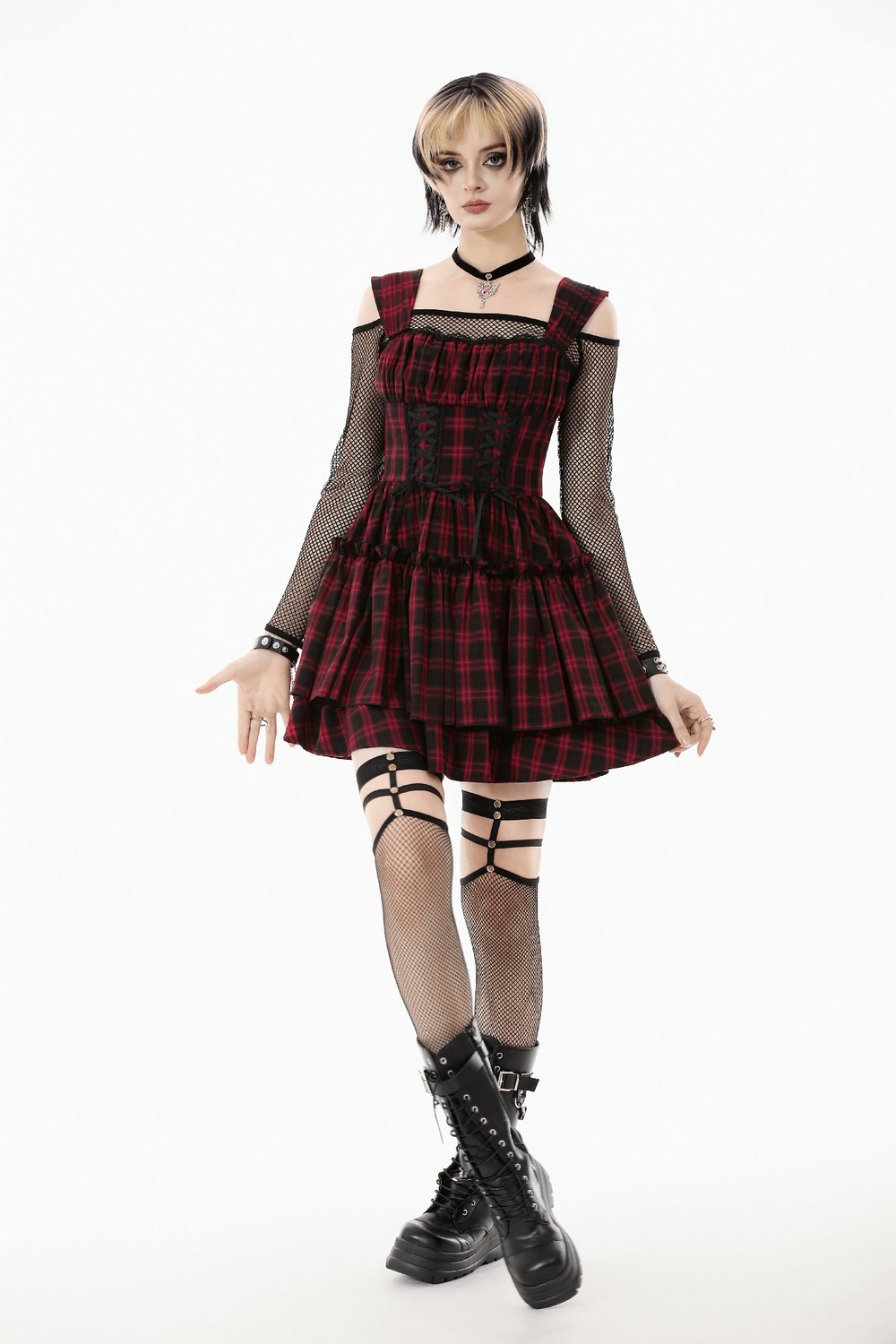 Gothic Plaid Dress with Lace-Up and Ruffled Skirt featuring a fitted bodice and playful ruffles.