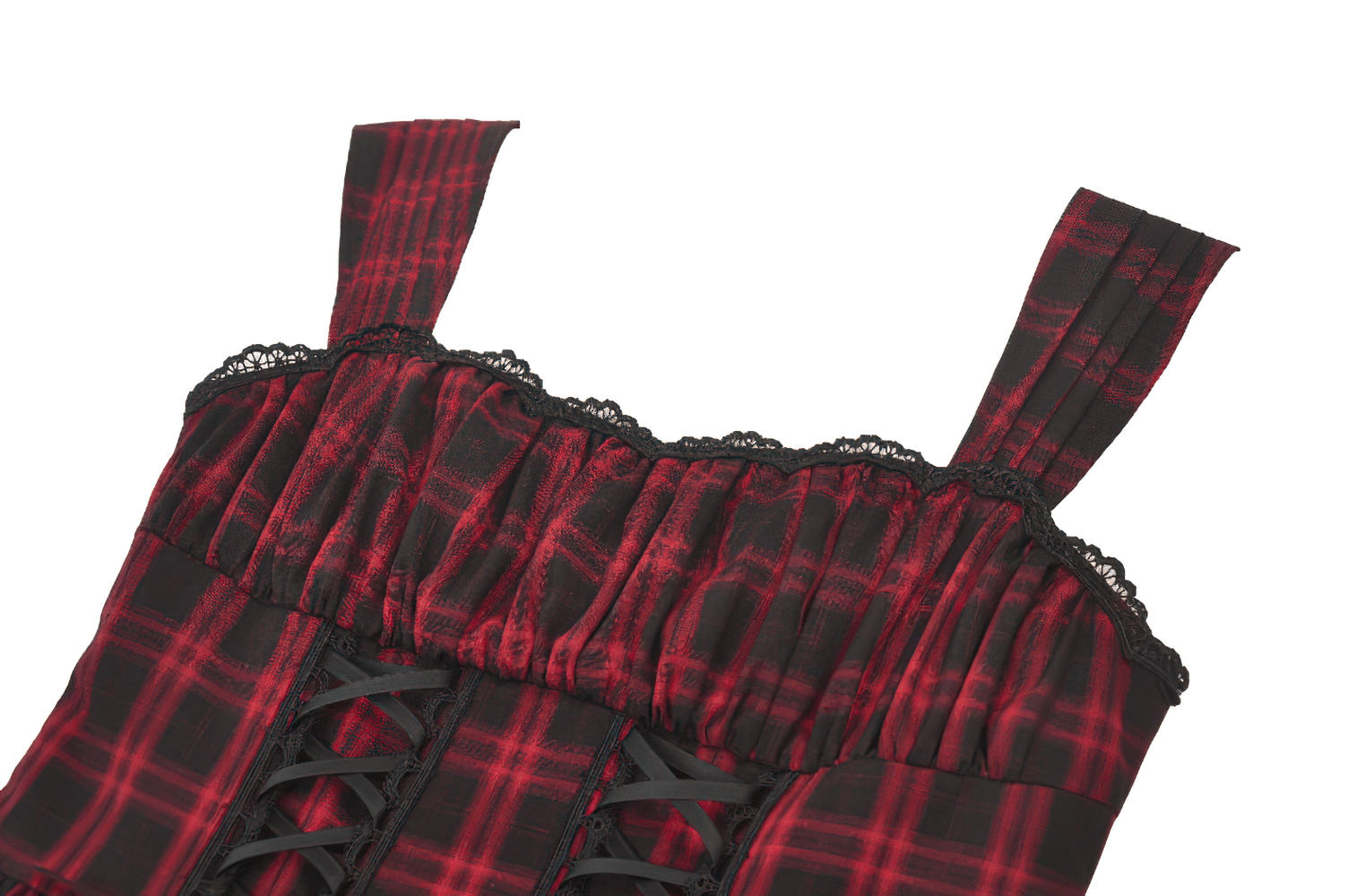 Gothic Plaid Dress with Lace-Up and Ruffled Skirt featuring lace-up bodice and plaid design.