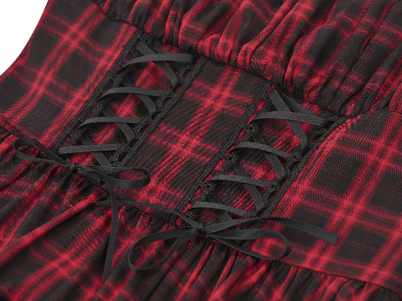 Gothic Plaid Dress with Lace-Up and Ruffled Skirt close-up of lace-up details and plaid patterns.