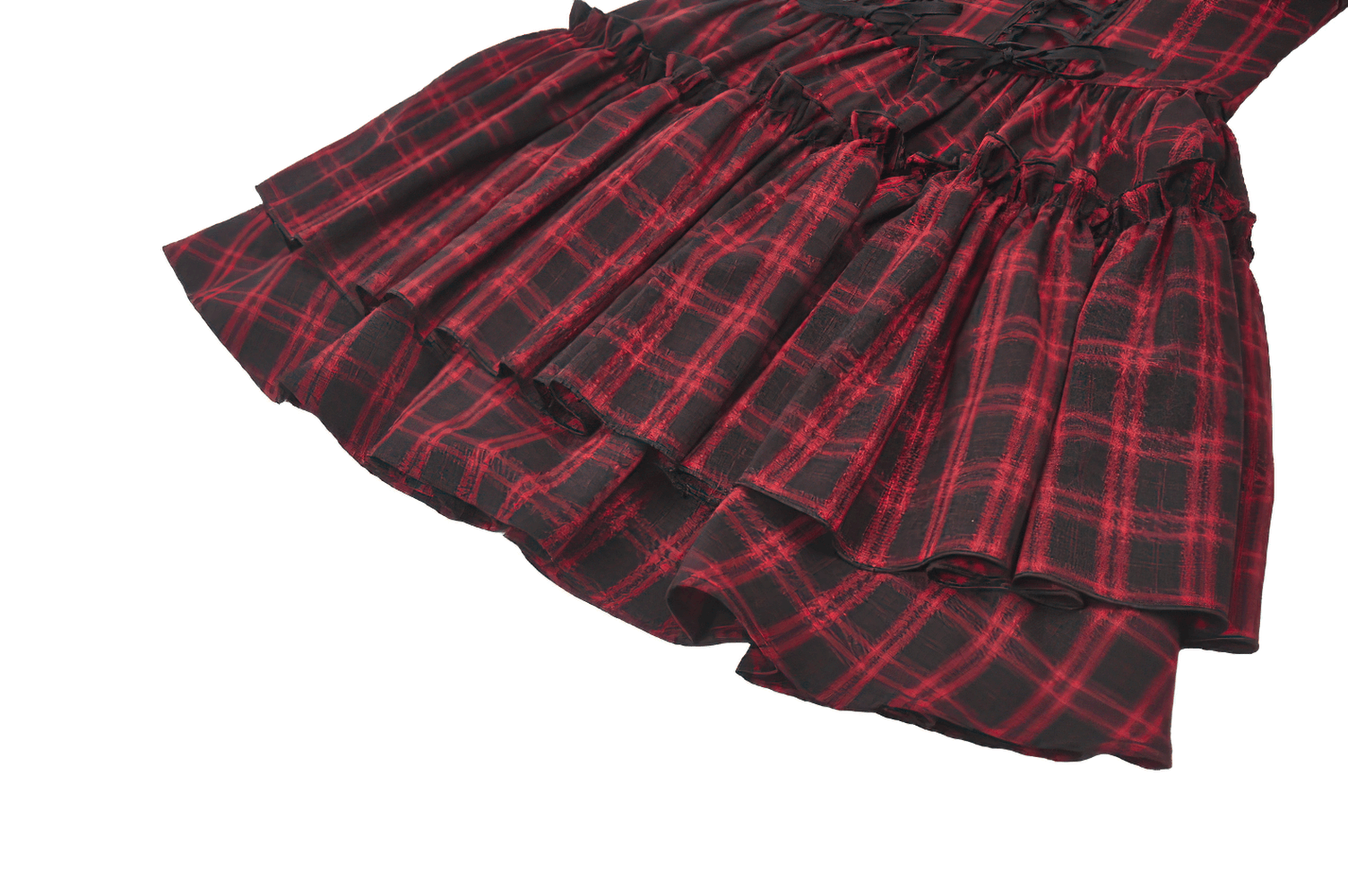 Gothic Plaid Dress with Lace-Up and Ruffled Skirt showcasing ruffled hem and plaid pattern in rich red and black.