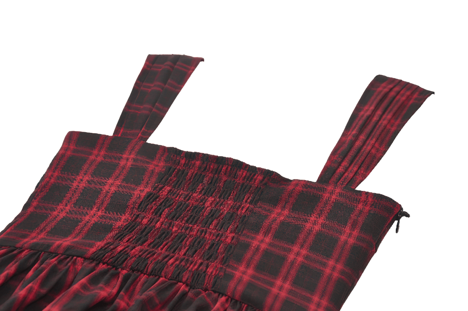 Gothic Plaid Dress with Lace-Up and Ruffled Skirt showing fitted bodice and straps in red and black plaid.