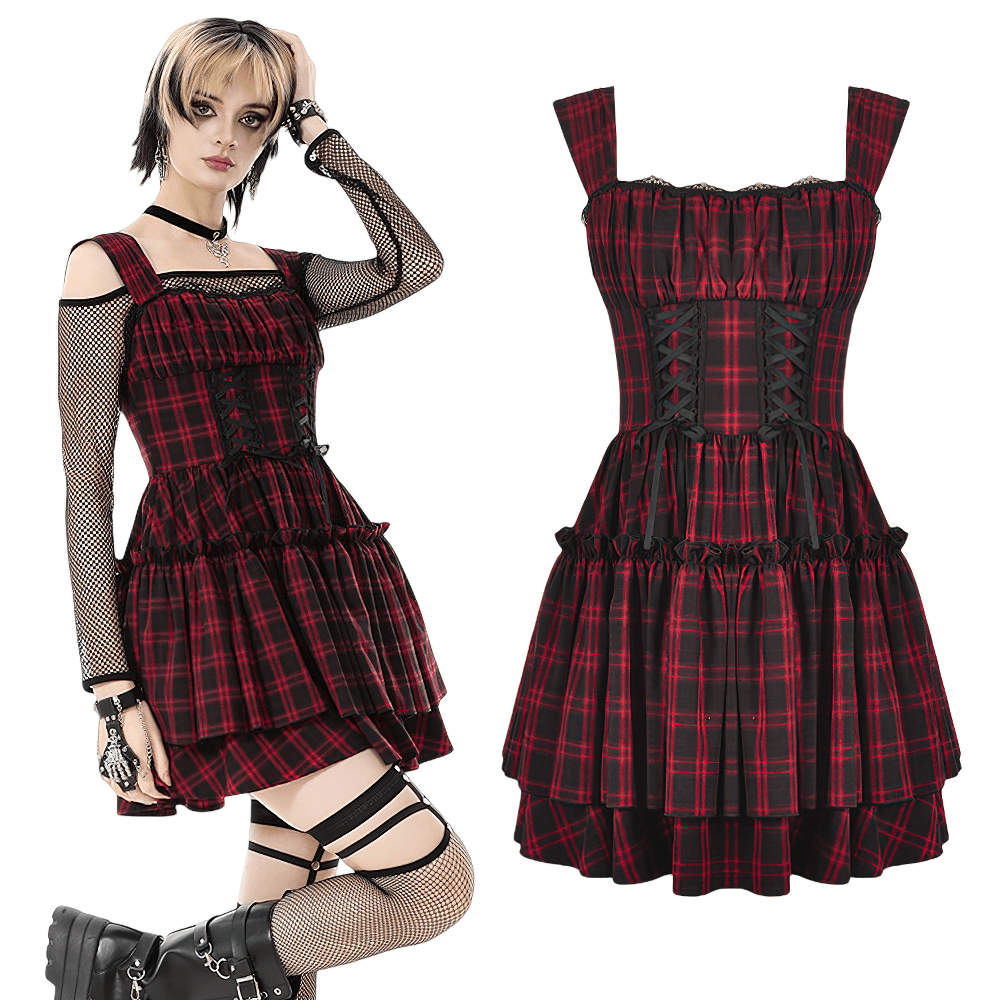Gothic Plaid Dress with Lace-Up and Ruffled Skirt showcasing a fitted bodice and playful ruffled hem in red and black.