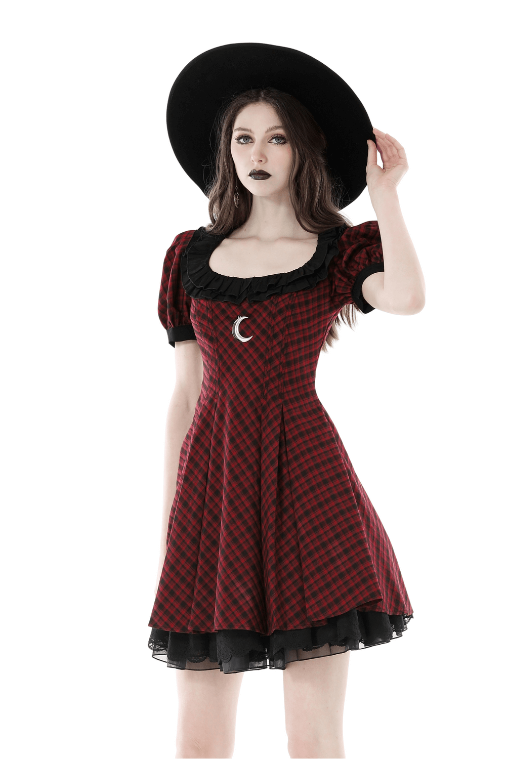 Gothic Plaid Dress with Ruffled Neckline and Moon Charm