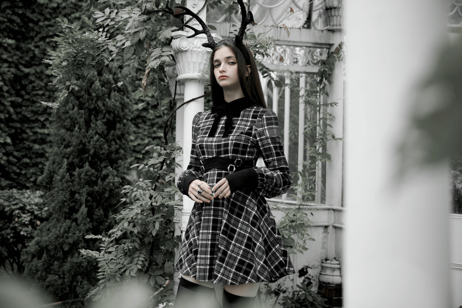 Gothic Plaid Dress with Velvet Accents and Belts