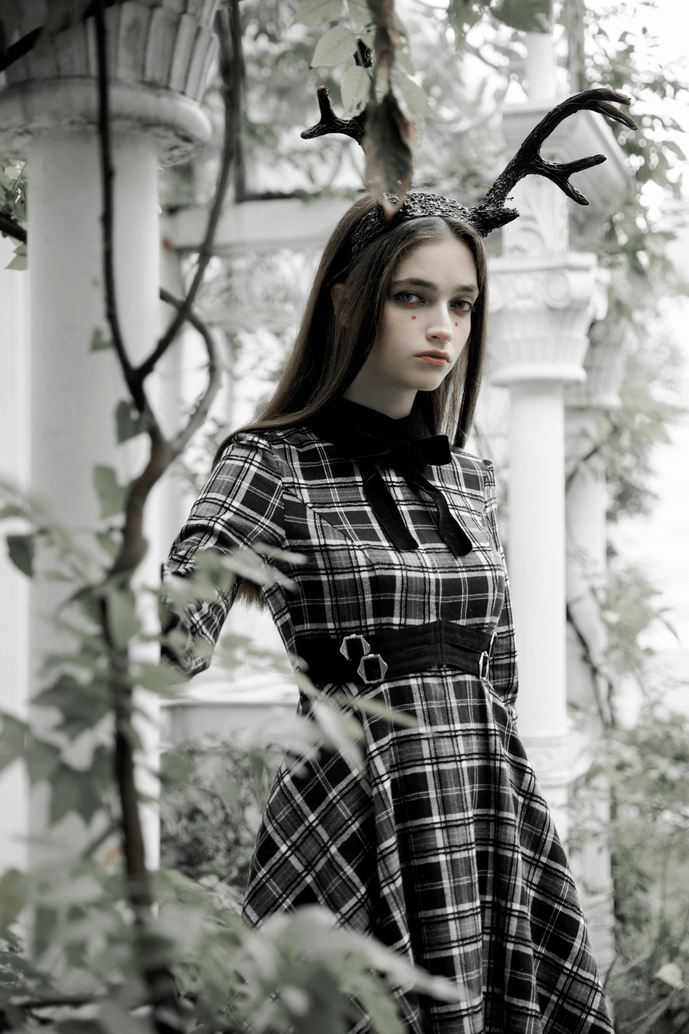 Gothic Plaid Dress with Velvet Accents and Belts