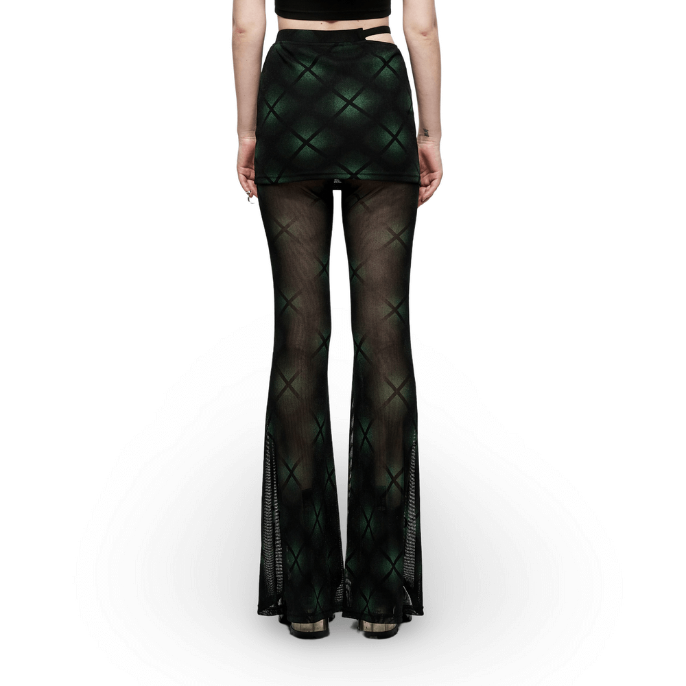 Gothic Plaid Mesh Flared Skirt-Pants With S-Shaped Buckle