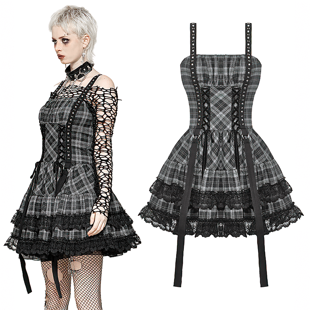 Gothic plaid mini dress with lace trim, harness straps, and corset detailing, showcasing punk Lolita style.