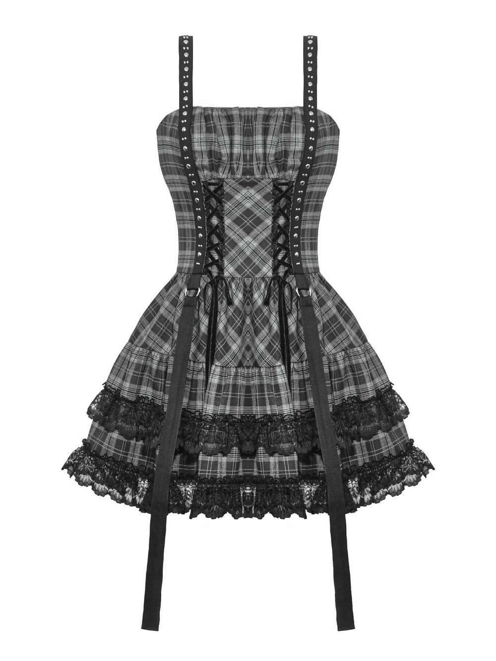 Gothic plaid mini dress with lace trim, corset lace-up, and harness straps, perfect for punk Lolita style.