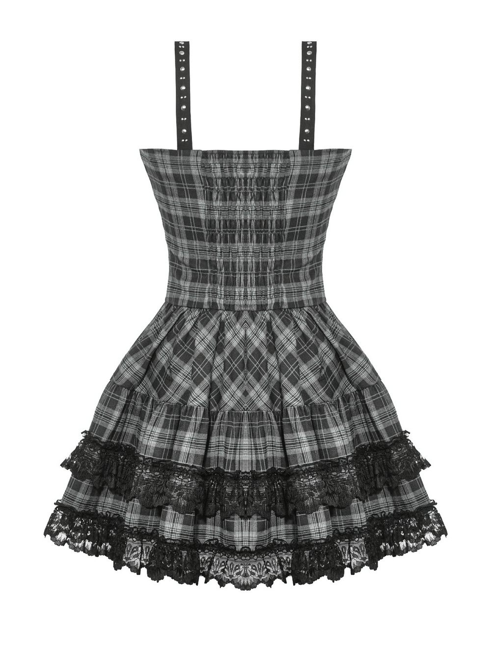 Gothic plaid mini dress with lace trim, harness straps, and ruffled skirt for punk-inspired elegance.