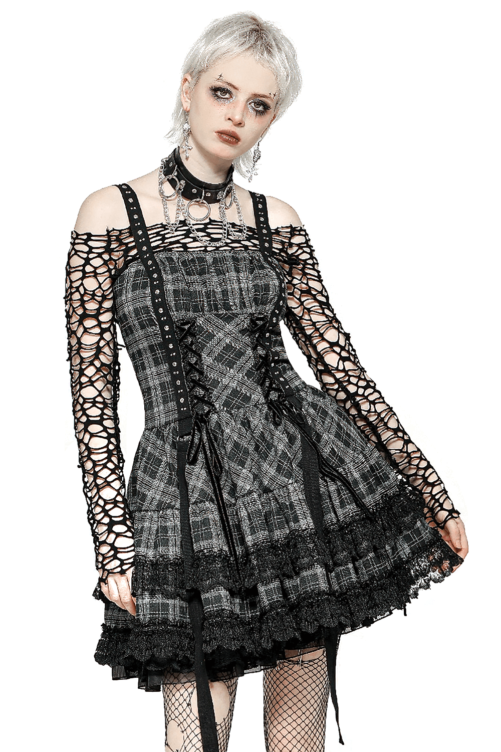 Gothic plaid mini dress with lace trim, harness straps, and punk-inspired charm, perfect for alternative fashion.