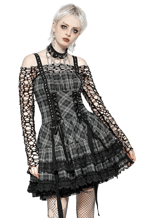 Gothic Plaid Mini Dress with Lace Trim and Harness Straps