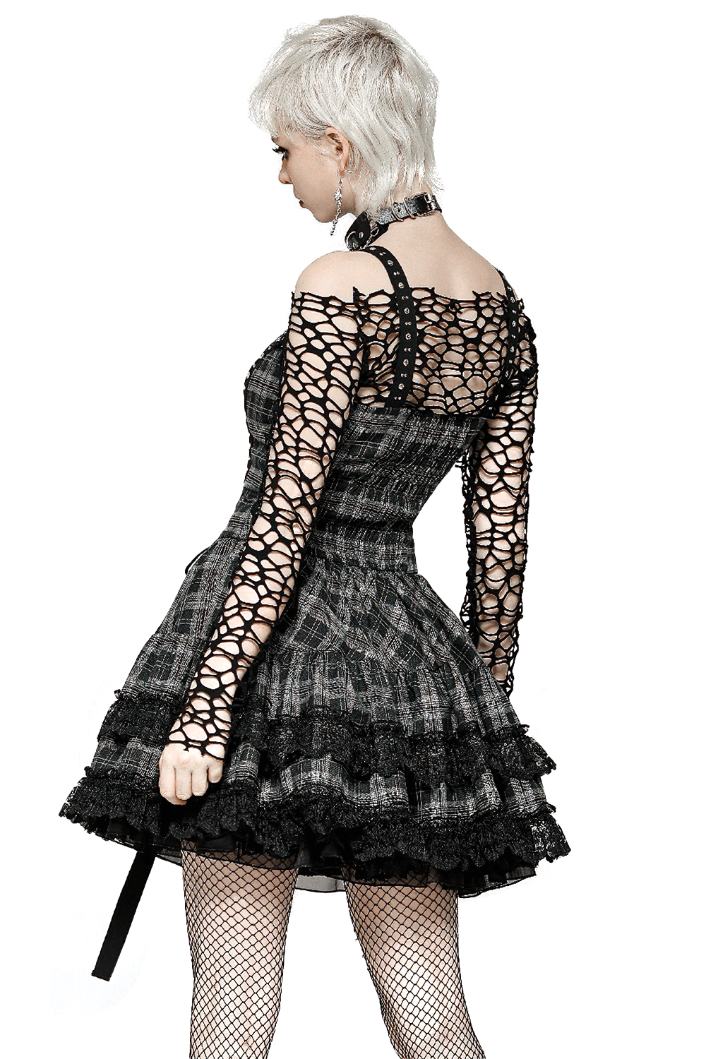 Gothic plaid mini dress with lace trim, harness straps, and ruffles, showcasing punk-inspired style and dark elegance.