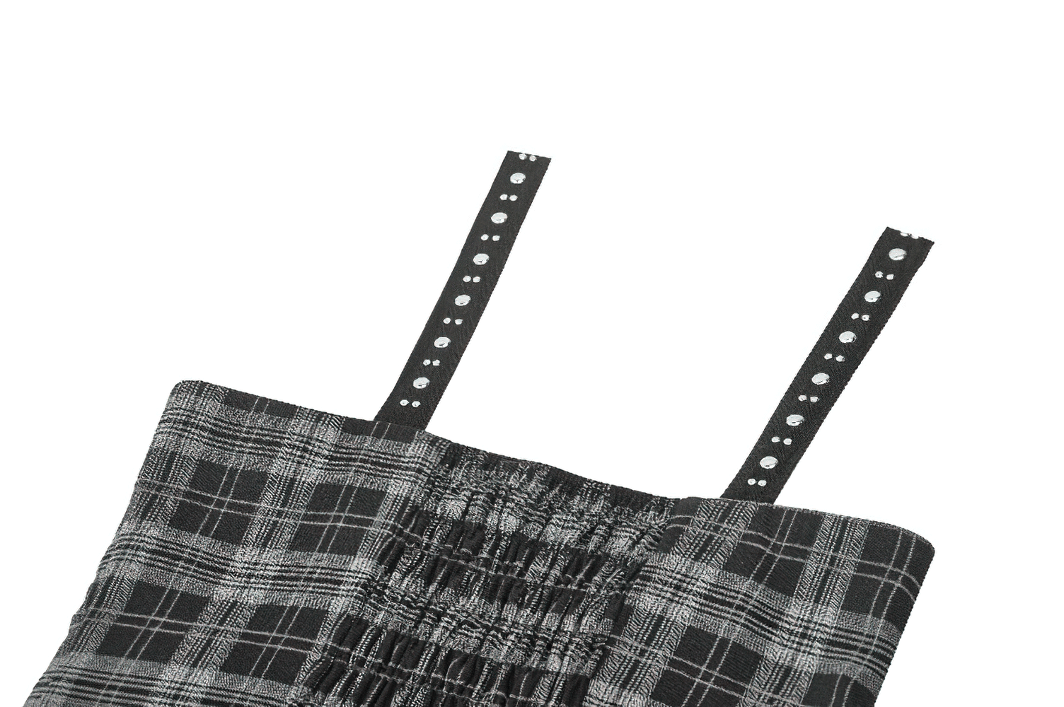 Close-up of Gothic plaid mini dress straps featuring studded harness design and gathered bodice, perfect for alternative fashion.