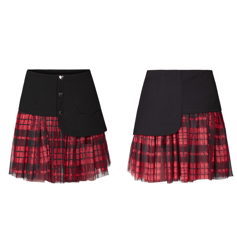 Gothic Plaid Pleated Mini Skirt with Heart Buttons