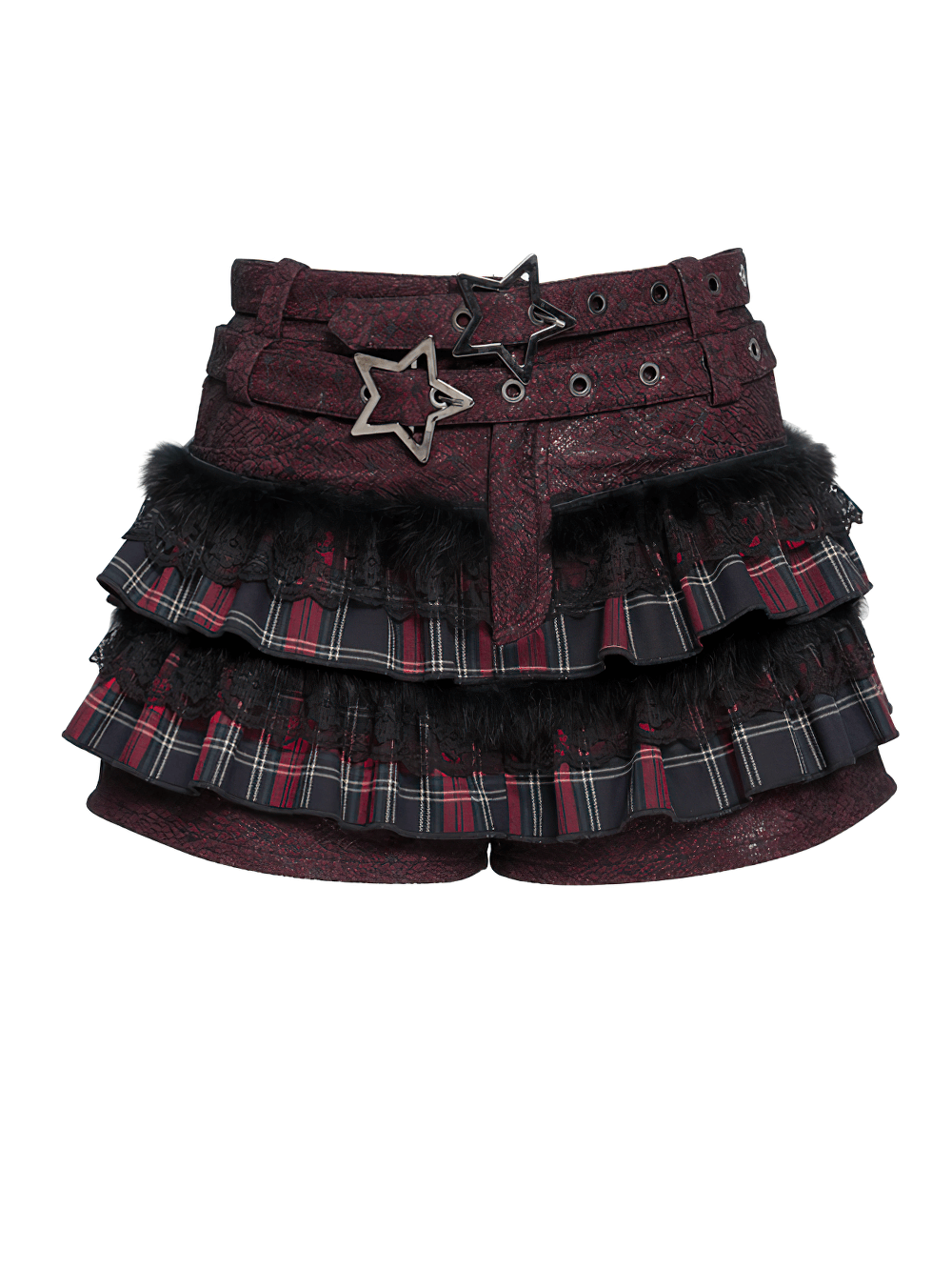 Gothic Plaid Ruffle Shorts with Star Belt Detail showcasing stylish layers and a unique star accent.