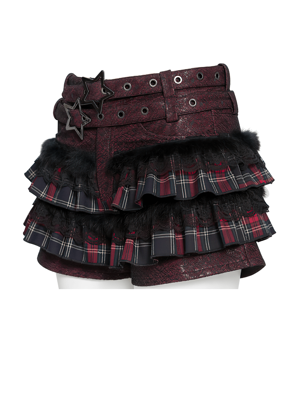 Gothic Plaid Ruffle Shorts with Star Belt Detail showcasing a stylish layered design and unique star accents.