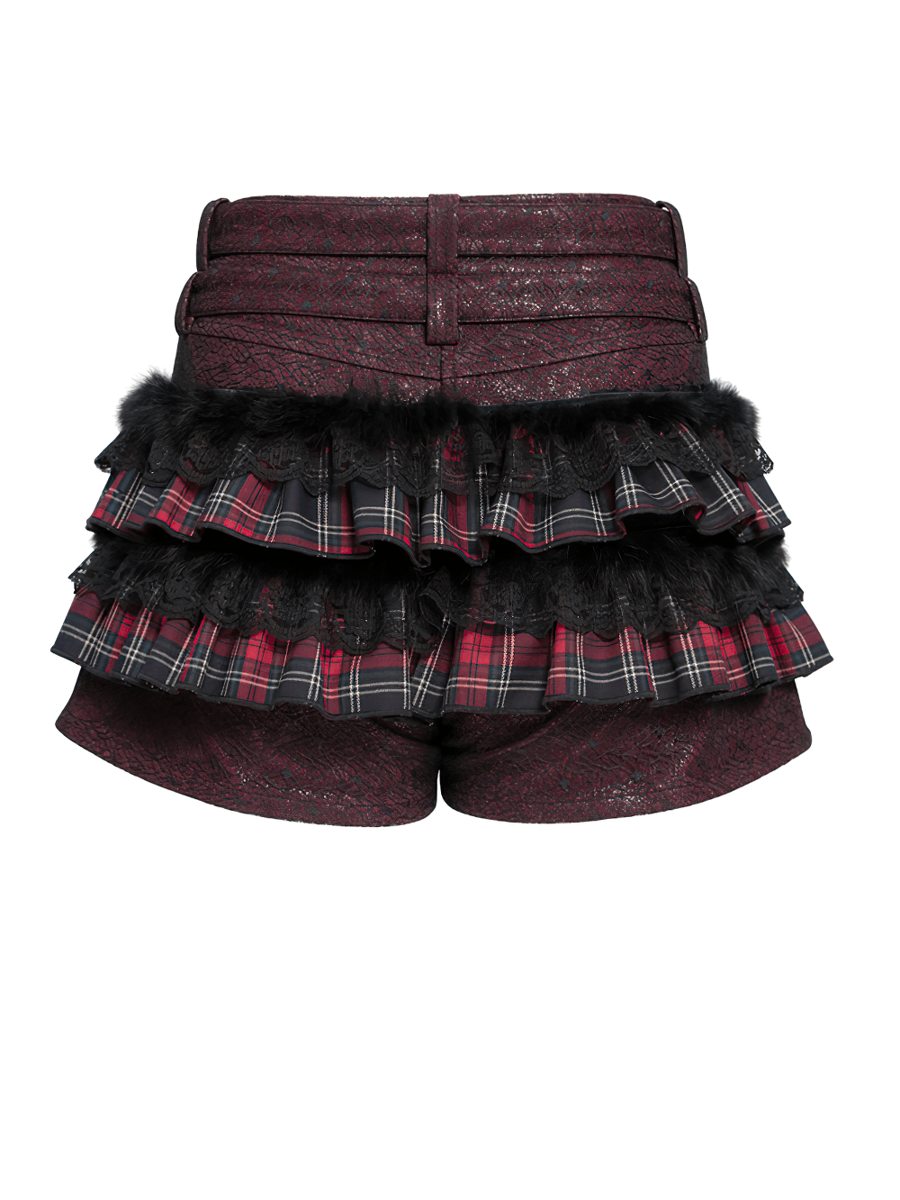 Gothic Plaid Ruffle Shorts with Star Belt Detail, showcasing stylish ruffles and plaid patterns.