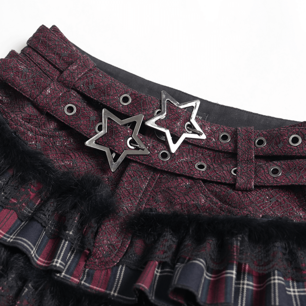 Gothic Plaid Ruffle Shorts with Star Belt Detail featuring a stylish star buckle and ruffled hem.