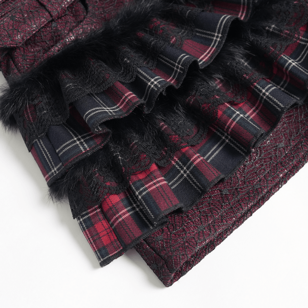 Gothic Plaid Ruffle Shorts with Star Belt Detail showcasing layered plaid ruffles and a stylish star belt.