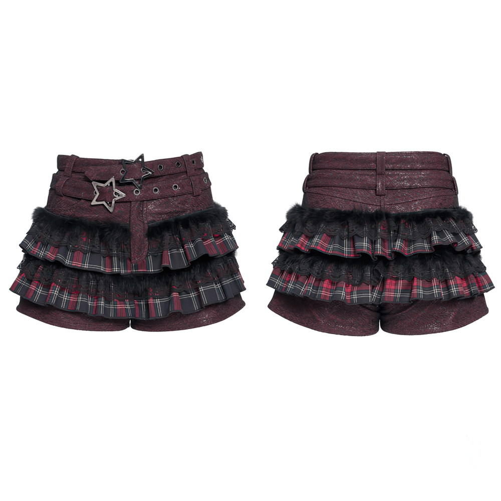 Gothic Plaid Ruffle Shorts with Star Belt Detail showcasing stylish layers and unique design in a dark plaid pattern.