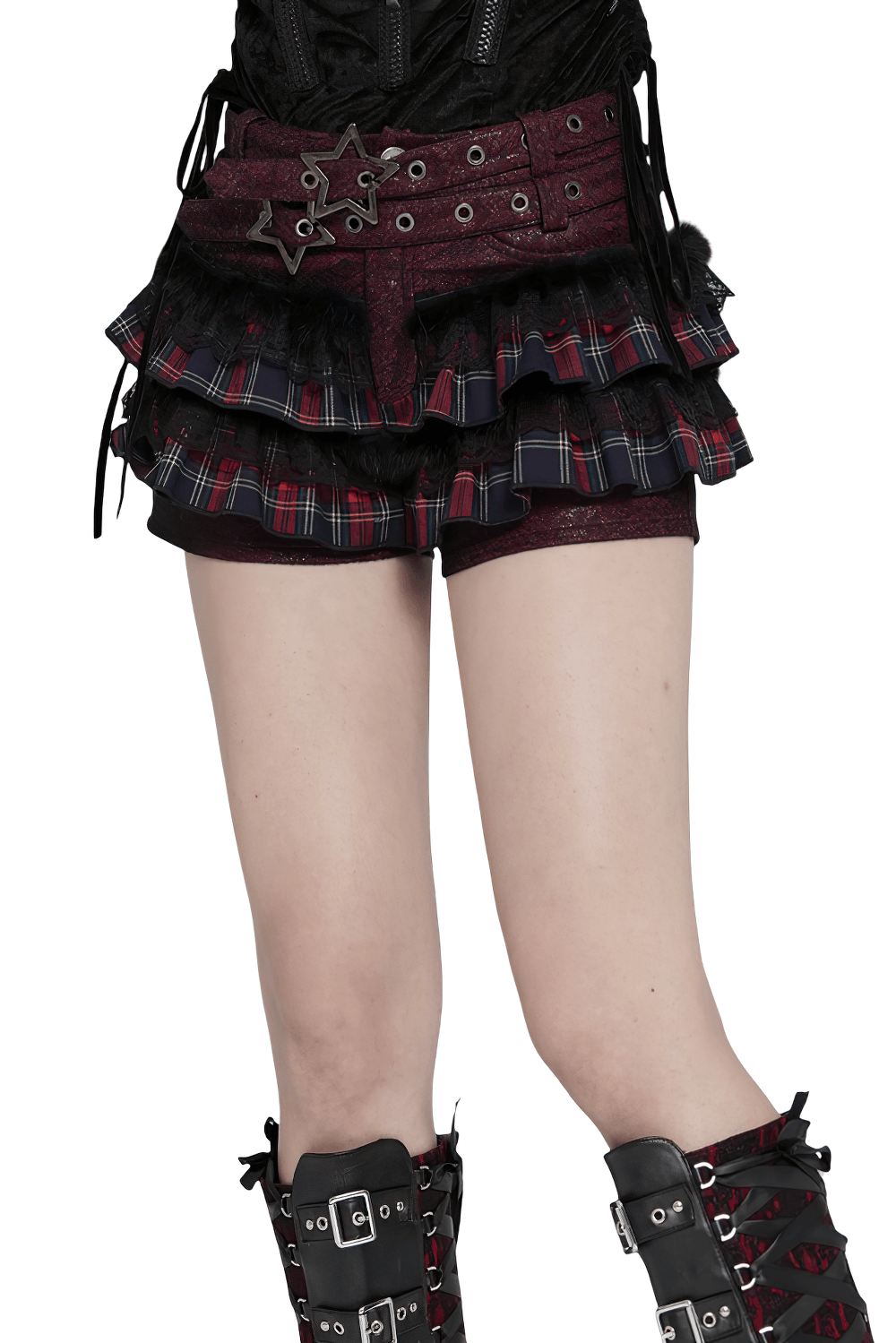 Gothic Plaid Ruffle Shorts with Star Belt Detail showcased on model.